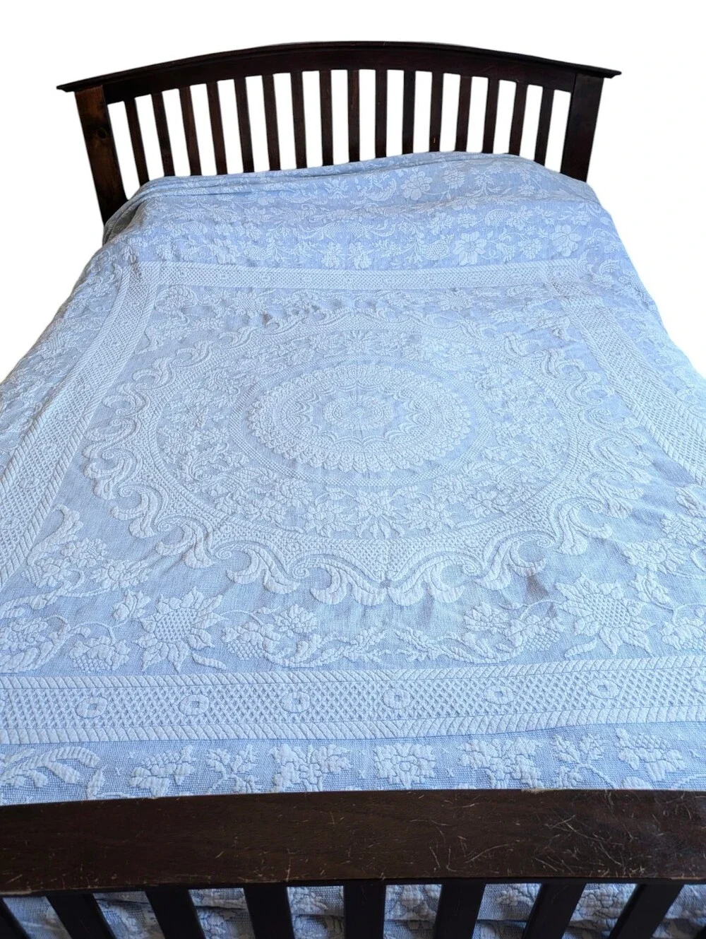 Vintage Light Blue Floral Matelassé Bedspread Fringe Mid Century Queen